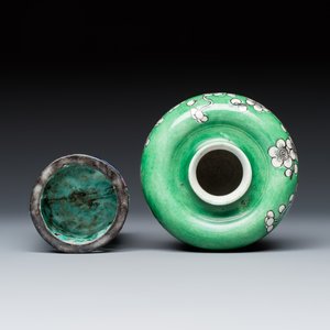 A Chinese famille rose openwork 'Prunus' brush pot and a famille verte biscuit 'Prunus' water pot — photo 6