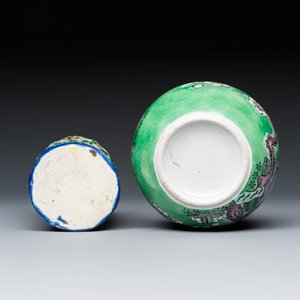 A Chinese famille rose openwork 'Prunus' brush pot and a famille verte biscuit 'Prunus' water pot — photo 7