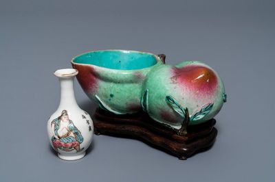 A Chinese famille rose peach-shaped brush washer and a miniature 'Wu Shuang Pu' vase, 19th C.