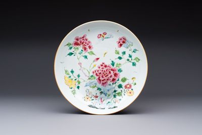 A Chinese famille rose 'Peonies' plate, Yongzheng/Qianlong
