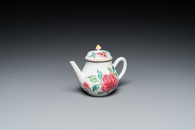 A Chinese famille rose 'peony' teapot and cover, Yongzheng
