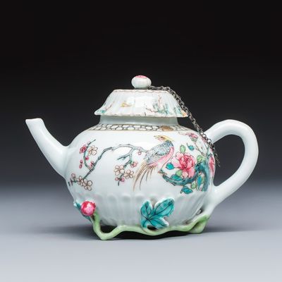 A Chinese famille rose 'Pheasant among Flowering Branches' teapot and cover with relief design, Yongzheng