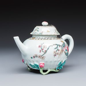 A Chinese famille rose 'Pheasant among Flowering Branches' teapot and cover with relief design — photo 5