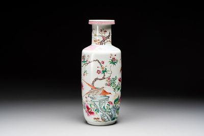 A Chinese famille rose 'pheasants and flowers' rouleau vase, 19th C.