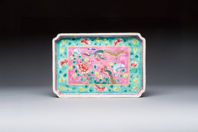 A Chinese famille rose 'Phoenixes and Peonies' tray for the Straits or Peranakan market, 19th C.