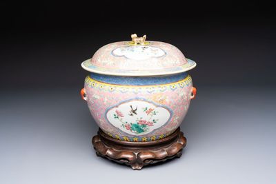 A Chinese famille rose pink-ground 'kamcheng' bowl and cover for the Straits or Peranakan market, on a wooden stand, 19th C.