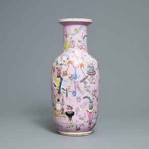 A Chinese famille rose pink-ground rouleau vase, 19th C. — 照片 1