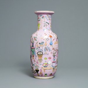 A Chinese famille rose pink-ground rouleau vase, 19th C. — 照片 3