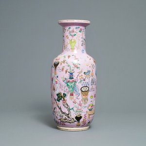 A Chinese famille rose pink-ground rouleau vase, 19th C. — 照片 4
