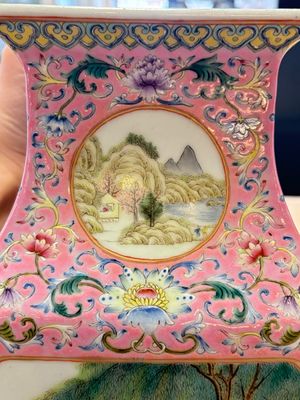 A Chinese famille rose pink-ground vase with figural design, Qianlong mark, 19/20th C. — 照片 15