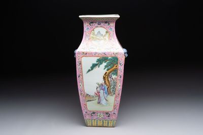 A Chinese famille rose pink-ground vase with figural design, Qianlong mark, 19/20th C.