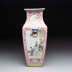 A Chinese famille rose pink-ground vase with figural design, Qianlong mark, 19/20th C. — 照片 2