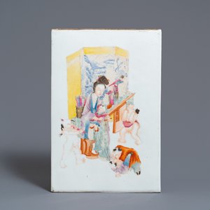 A Chinese famille rose plaque with a lady with playing children, Republic — photo 1