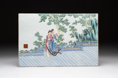 A Chinese famille rose plaque with two ladies in a garden, Yan Qing Lou 延慶樓 mark, 20th C.
