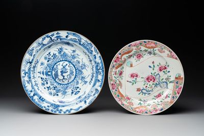 A Chinese famille rose plate and a blue and white dish, Yongzheng/Qianlong