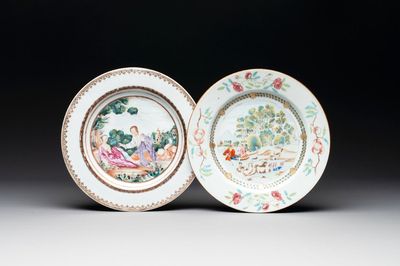 A Chinese famille rose plate depicting a scene from a fable by La Fontaine and a 'Shepherds' plate, Qianlong