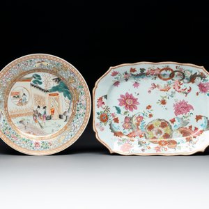 A Chinese famille rose plate with figures in a garden and a 'pseudo-tobacco leaf' dish, Qianlong and later — 照片 1