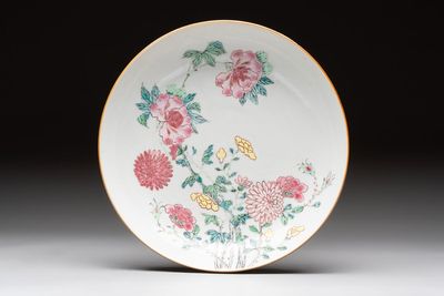 A Chinese famille rose plate with floral design, Johanneum mark, ex-collection of August the Strong, Yongzheng