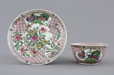 A Chinese famille rose porcelain cup and saucer with narcissus, chrysanthemum and peony, Yongzheng, 1722-1735