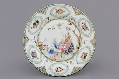 A Chinese famille rose porcelain "Doctor's Visit" plate after Cornelis Pronk, ca. 1740