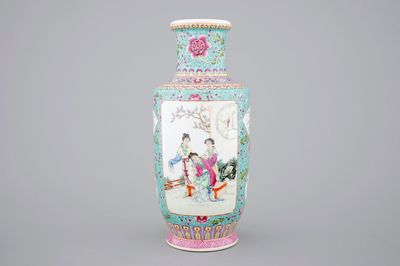 A Chinese famille rose porcelain rouleau vase, 20th C.