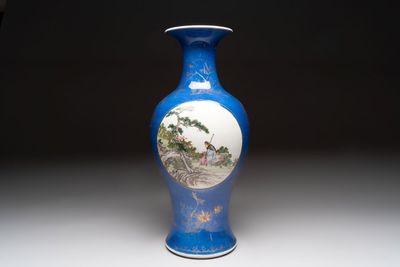 A Chinese famille rose powder-blue-ground vase, 19th C.