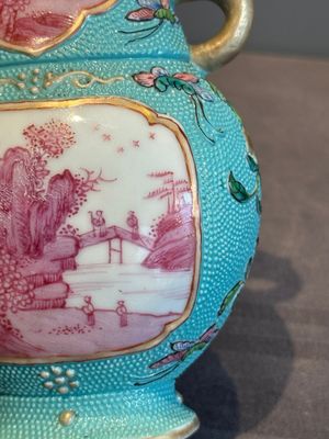A Chinese famille rose puce-enamelled turquoise-ground 'hu' vase, Republic — photo 12