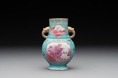 A Chinese famille rose puce-enamelled turquoise-ground 'hu' vase, Republic