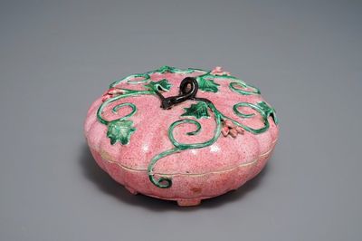 A Chinese famille rose pumpkin-shaped box and cover, early 19th C.