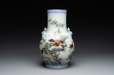 A Chinese famille rose 'quails' 'hu' vase, signed Xiong Mengting 熊夢亭, dated 1969