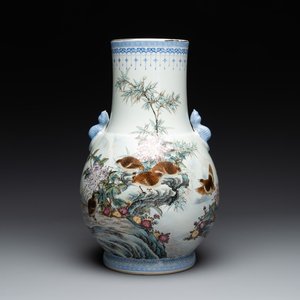 A Chinese famille rose 'quails' 'hu' vase, signed Xiong Mengting 熊夢亭, dated 1969 — photo 1