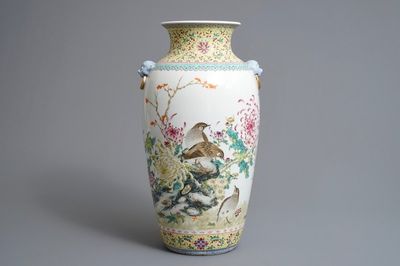A Chinese famille rose 'quails' vase, sealmark, 20th C.