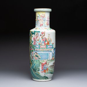 A Chinese famille rose 'Qun Xian Zhu Shou 群仙祝壽' rouleau vase, Qianlong mark, 19th C. — photo 1