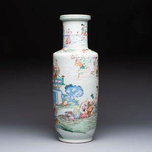 A Chinese famille rose 'Qun Xian Zhu Shou 群仙祝壽' rouleau vase, Qianlong mark, 19th C. — photo 2