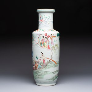 A Chinese famille rose 'Qun Xian Zhu Shou 群仙祝壽' rouleau vase, Qianlong mark, 19th C. — photo 3