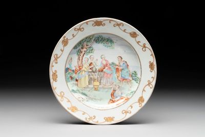 A Chinese famille rose 'Rebecca at the well' plate, Qianlong, ca. 1750