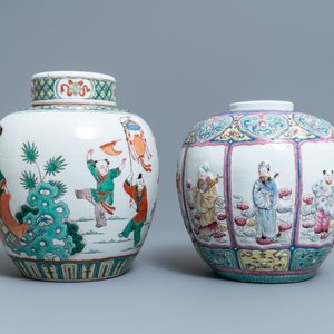 A Chinese famille rose relief-decorated jar and a famille verte jar with cover, 19th C. — photo 2