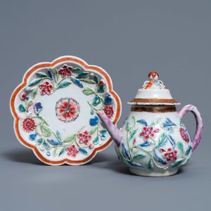 A Chinese famille rose relief-decorated teapot on stand, Yongzheng — photo 2