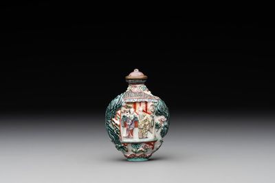 A Chinese famille rose relief-molded snuff bottle with an animated river landscape, Jiaqing mark and of the period