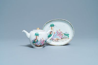 A Chinese famille rose 'romantic subject' teapot on stand, Qianlong