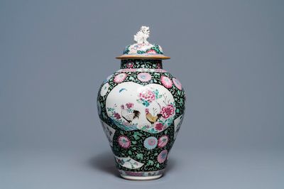 A Chinese famille rose 'rooster' baluster jar and cover, Yongzheng