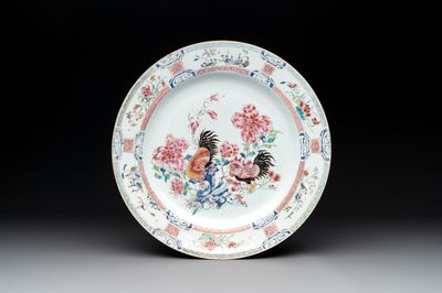 A Chinese famille rose 'rooster' dish, Yongzheng