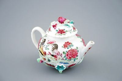 A Chinese famille rose "rooster" teapot with applied lotus stems, Yongzheng, 1723-1735