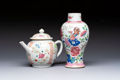 A Chinese famille rose 'Rooster' vase and a covered teapot with floral design, Qianlong