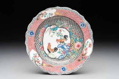 A Chinese famille rose 'roosters' eggshell plate, Yongzheng