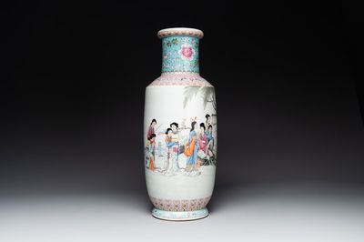 A Chinese famille rose rouleau vase with figurative design, Qianlong mark, Republic