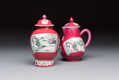 A Chinese famille rose ruby-ground 'Landscape Scroll' covered tea caddy and a covered milk jug, Yongzheng