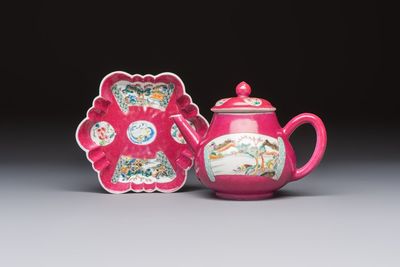 A Chinese famille rose ruby-ground 'Landscape Scroll' teapot and stand, Yongzheng