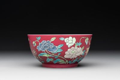A Chinese famille rose ruby-ground 'peony' bowl, Yongzheng mark, 19/20th C.