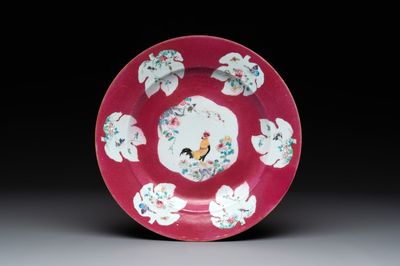 A Chinese famille rose ruby-ground 'rooster' dish, Yongzheng